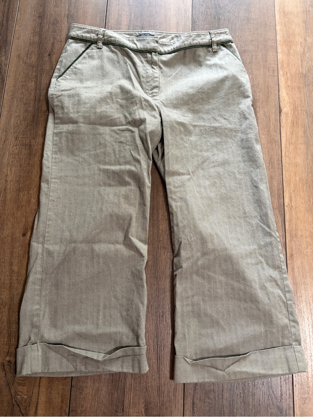 NAUTICA Khaki Herringbone Wide Leg Cuffed Pants Trim Size 10